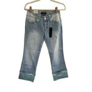 NWT Clash Juniors 5 Capri Jeans Y2K 90s Light Wash Aqua Lace Details #2537